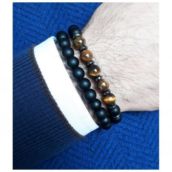 Hematit - Oniks - Kaplangözü Doğal Taş Erkek Bileklik - 2