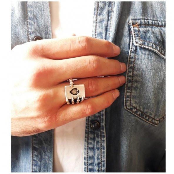 Gümüş Kaplama Ayarkanabilir Erkek İskambil Kağıdı Yüzük - 3