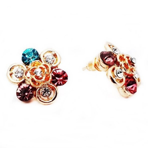 Altın Kaplama Kadın Zirkon Taş Renkli Papatya Küpe - 3