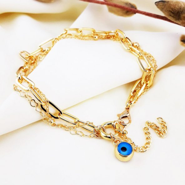Altın Kaplama Nazar Boncuklu Kadın Çoklu Zincir Bileklik