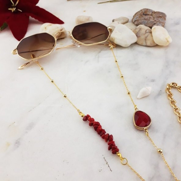 Mercan Doğal Taş Kadın Gözlük Zinciri - 5