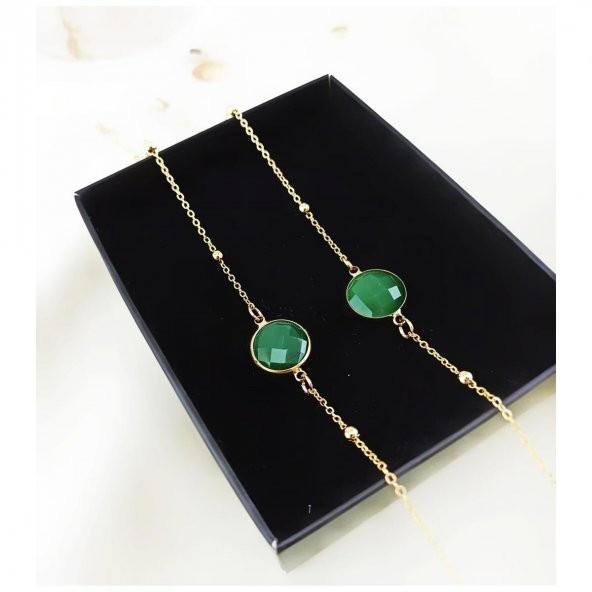 Altın Kaplama Yeşil Akik Doğal Taş Kadın Gözlük Zinciri - Resim 4