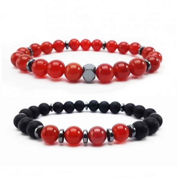Akik - Oniks - Hematit Erkek İkili Kombin Doğal Taş Bileklik
