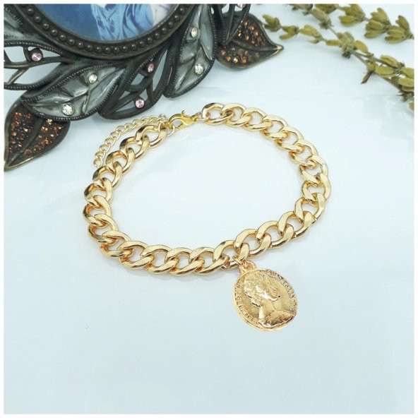 Altın Kaplama Antik Para Kadın Yassı Zincir Bileklik