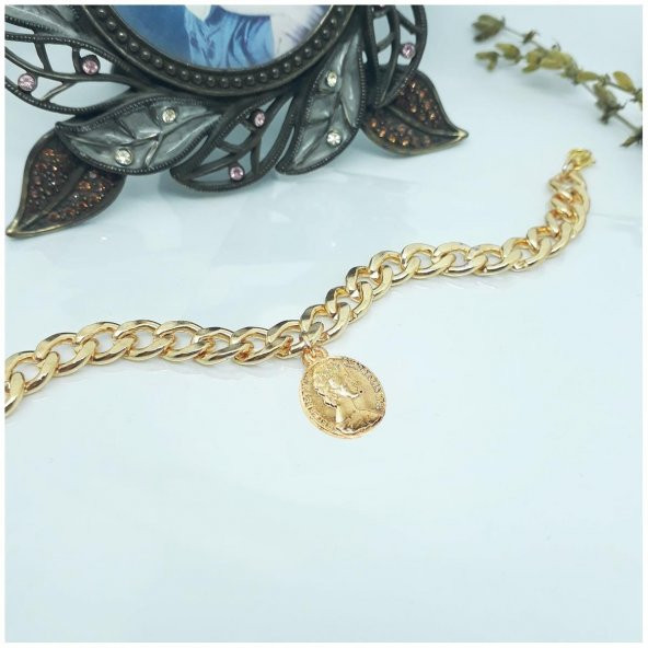 Altın Kaplama Antik Para Kadın Yassı Zincir Bileklik - 2