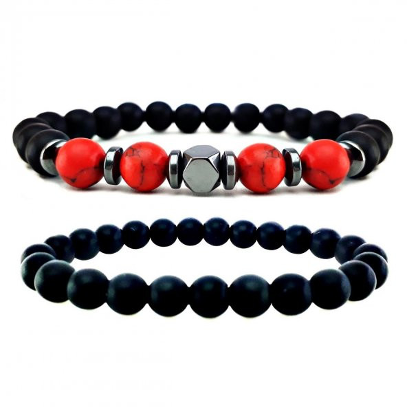 Kırmızı Turkuaz & Oniks & Hematit Erkek Doğal Taş Bileklik