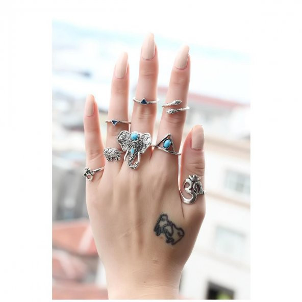 Gümüş Kaplama Turkuaz Doğal Taşlı Fil Kadın Eklem Yüzüğü 8li Set - 2