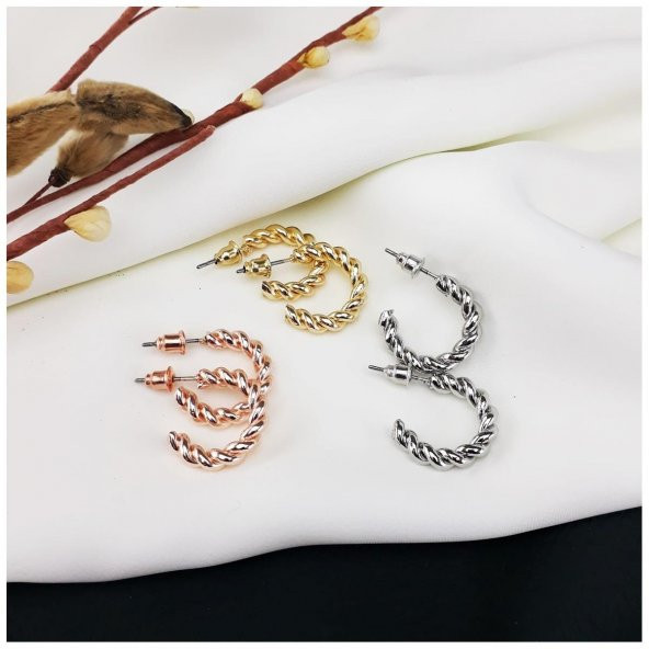 Rose & Gümüş & Gold Kadın Üçlü Halka Küpe - 2