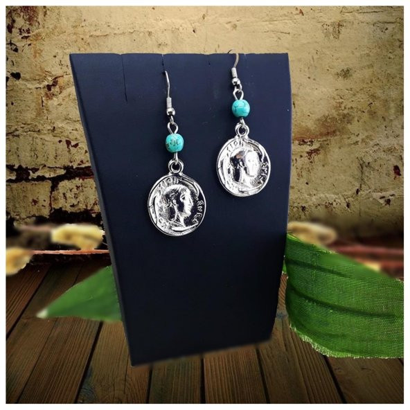 Turkuaz Doğal Taş Kadın Madalyon Küpe