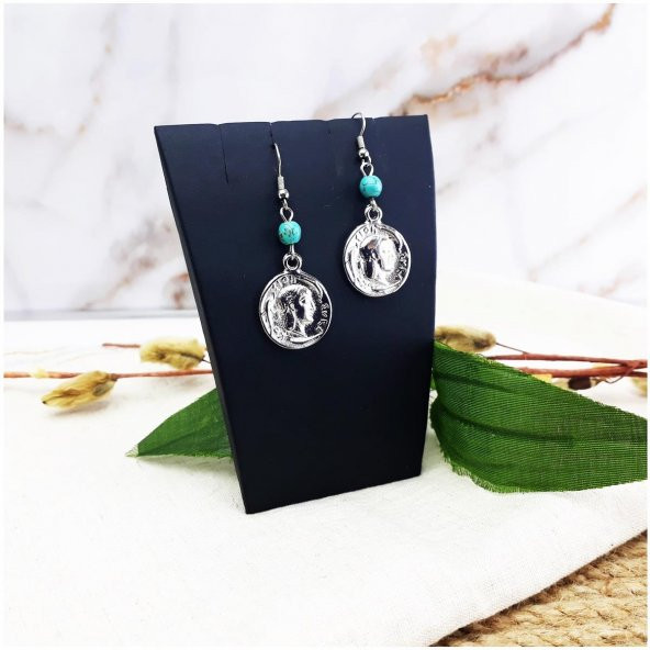 Turkuaz Doğal Taş Kadın Madalyon Küpe - 2