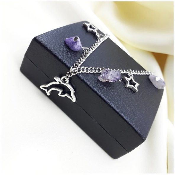 Ametist Doğal Taş Kadın Yunus Balığı Halhal