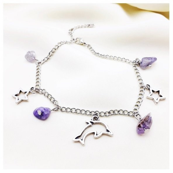 Ametist Doğal Taş Kadın Yunus Balığı Halhal - 3