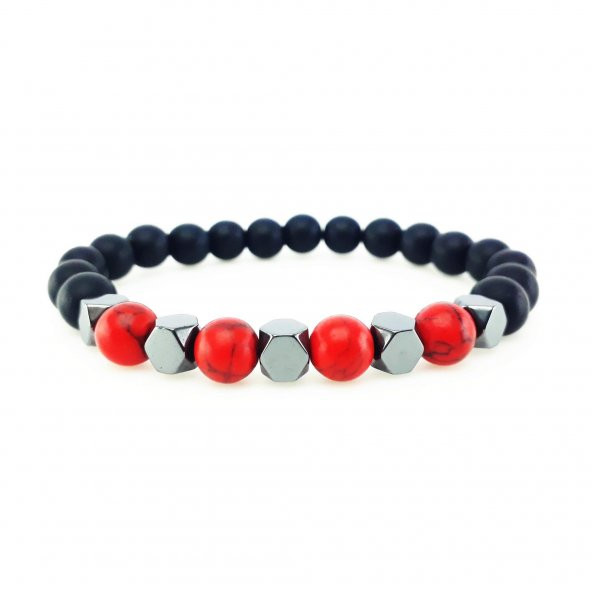 Kırmızı Turkuaz & Oniks & Hematit İkili Doğal Taş erkek Bileklik - 2