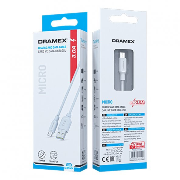 Dramex D30MK Micro USB Data/Şarj Kablosu 3.0A 1mt Beyaz - 5