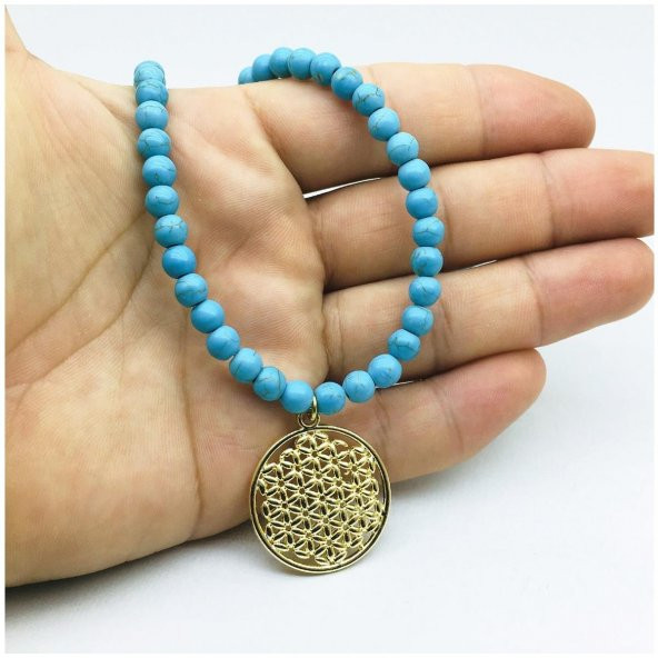 Altın Kaplama Yaşam Çiçeği Kadın Turkuaz Doğal Taş Kolye