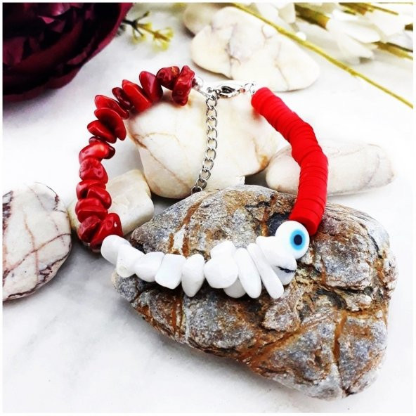 Sedef & Mercan Doğal Taş Kadın Nazar Boncuklu Fimo Bileklik - 5