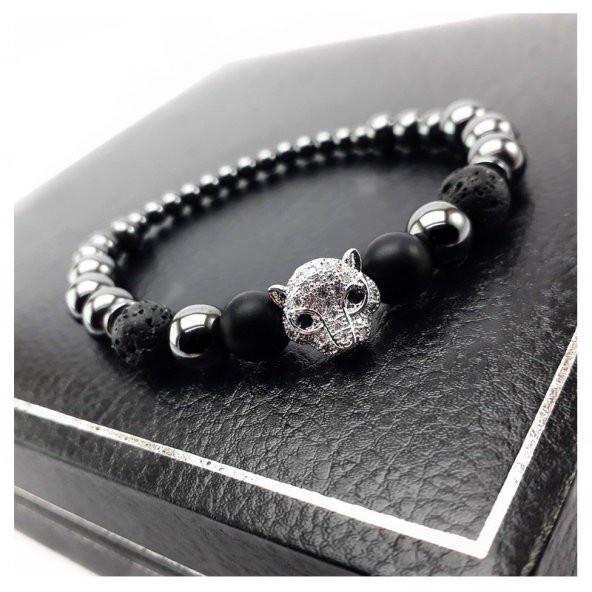 Gümüş Aslan Başı Aparatlı Hematit-Oniks-Lav Taşı Doğal Taş Bileklik - 2