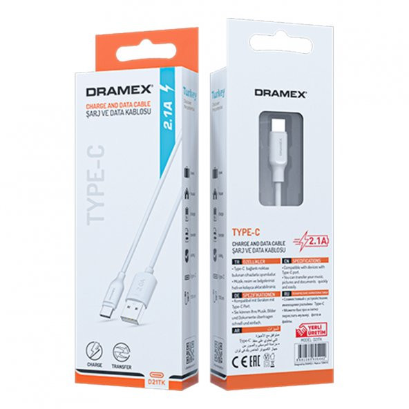 Dramex D21TK Type-C Data/Şarj Kablosu 2.1A 1mt Beyaz - 5