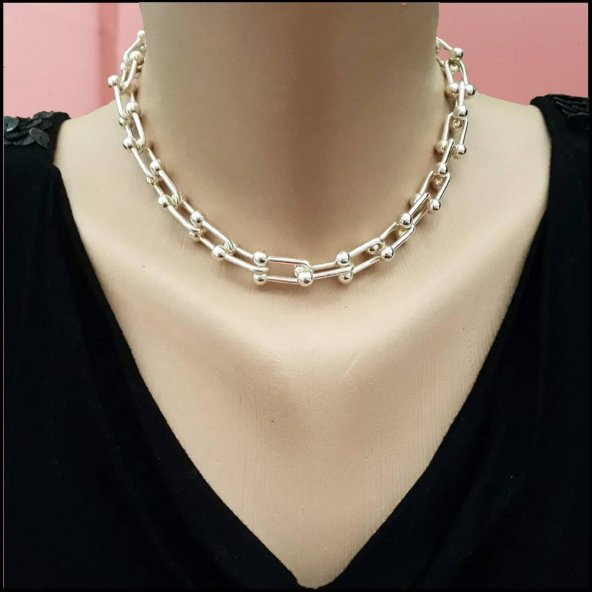 Gümüş Kaplama  Kadın Kalın Zincir Kolye - 3