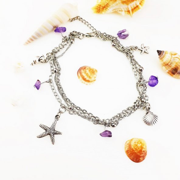 Ametist Doğal Taş Deniz Kabuğu Kadın Çoklu Zincir Halhal - 2