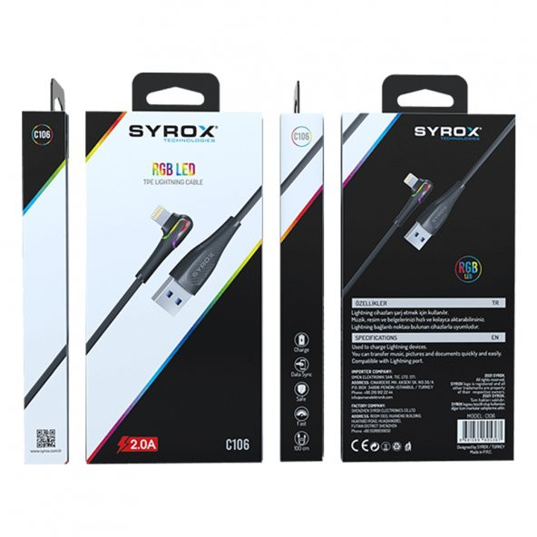 Syrox C106 Lightning 90 Derece RGB Led 1mt 2A Data/Şarj Kablosu Siyah - 5