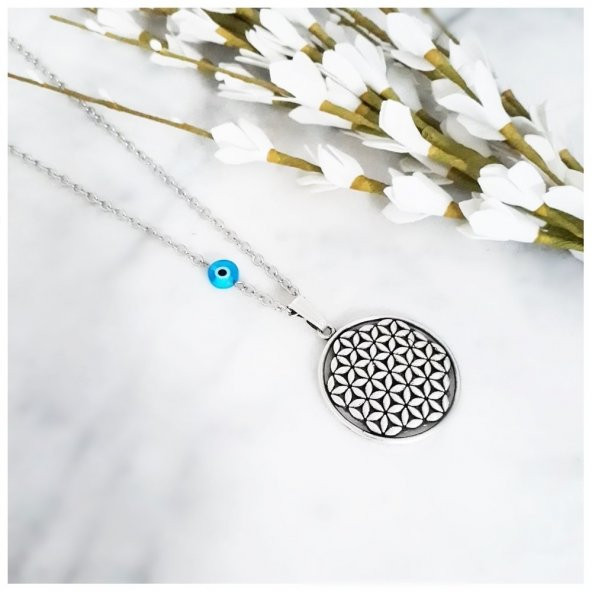 Gümüş Kaplama Nazar Boncuklu Kadın Yaşam Çiçeği Kolye
