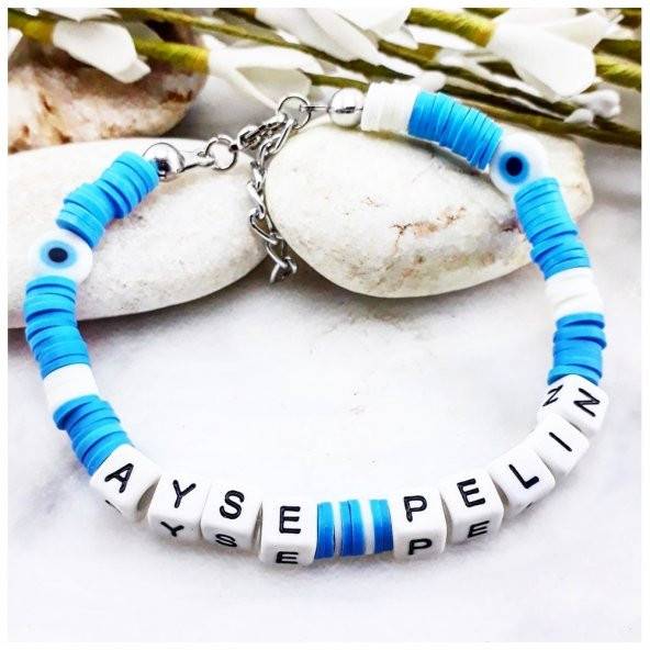 İsim Yazılı Kadın Nazar Boncuklu Fimo Bileklik