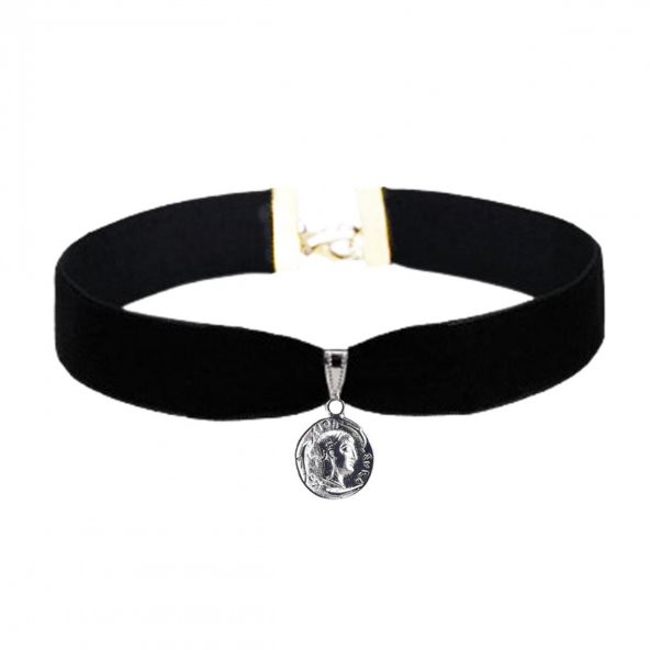 Siyah Renk Kadife Kadın Madalyon Choker Kolye - 2