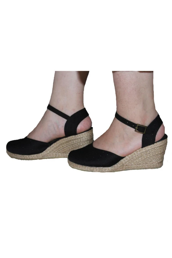 Kadın Siyah Dolgu Topuk Keten Sandalet