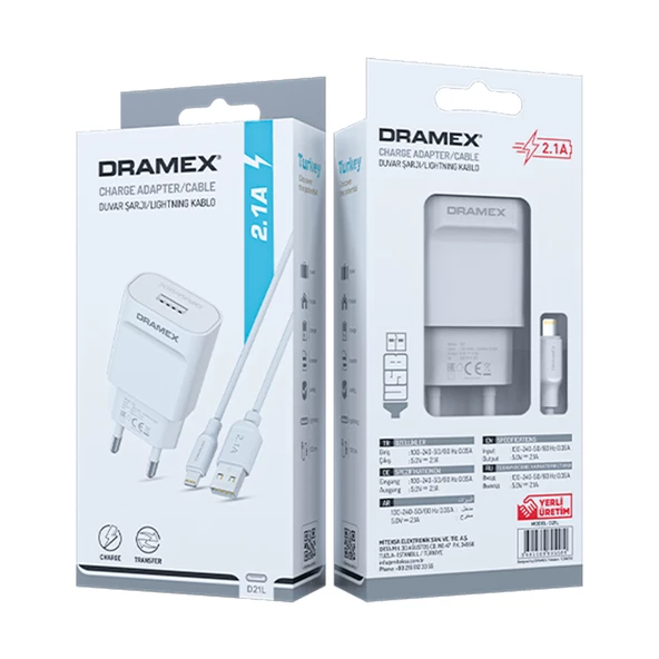 Dramex D21L Şarj Aleti Lightning Kablolu Set 2.1A - 6