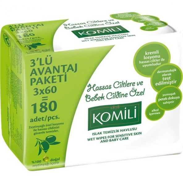 Komili Sensitive Islak Havlu 3 lü Paket 180 Yaprak
