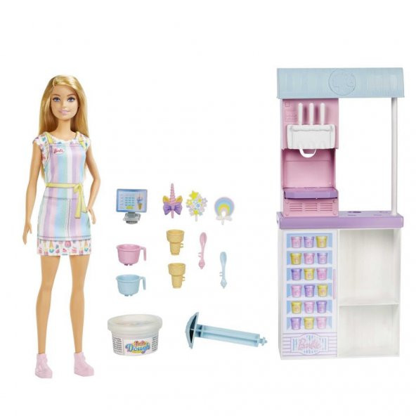 Barbie Dondurma Dükkanı Oyun Seti HCN46, 30 cm sarışın bebek, 2 kutu oyun hamuru, 2 kase, 2 külah, 3 dekoratif dondurma süsü, 2 kaşık ve kasa, 3 yaş ve üzeri