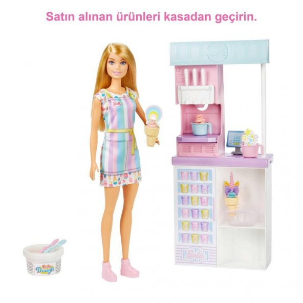 Barbie Dondurma Dükkanı Oyun Seti HCN46, 30 cm sarışın bebek, 2 kutu oyun hamuru, 2 kase, 2 külah, 3 dekoratif dondurma süsü, 2 kaşık ve kasa, 3 yaş ve üzeri - 5
