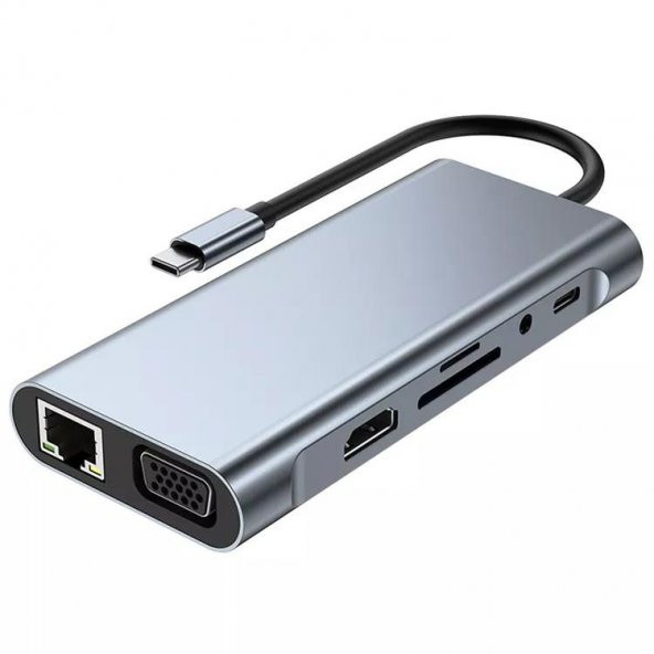 PrimeX PX-U525 11 in 1 Macbook, Ultrabook Type C Docking, Type C to 4K30Hz Gri Metal PD Charge, HDMI, VGA, Audio SD/TF Card, USB3.0, RJ45 Type C Adaptör