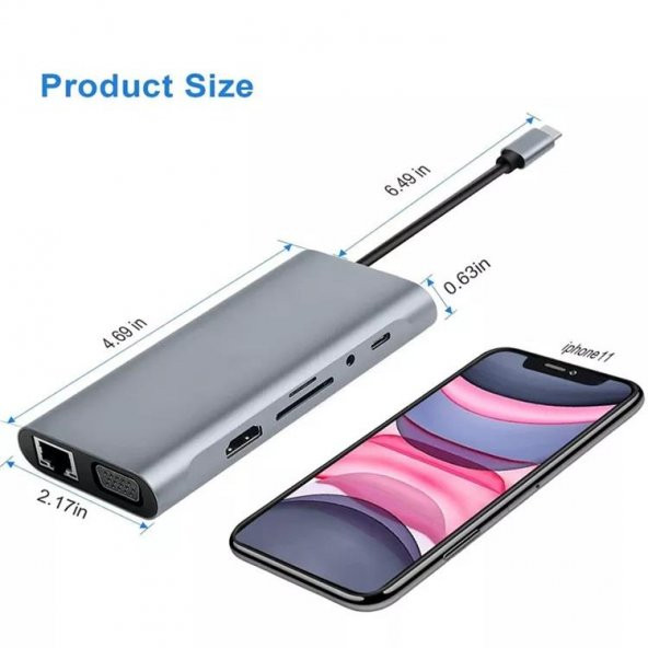 PrimeX PX-U525 11 in 1 Macbook, Ultrabook Type C Docking, Type C to 4K30Hz Gri Metal PD Charge, HDMI, VGA, Audio SD/TF Card, USB3.0, RJ45 Type C Adaptör - 11