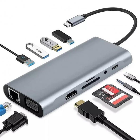 PrimeX PX-U525 11 in 1 Macbook, Ultrabook Type C Docking, Type C to 4K30Hz Gri Metal PD Charge, HDMI, VGA, Audio SD/TF Card, USB3.0, RJ45 Type C Adaptör - 4