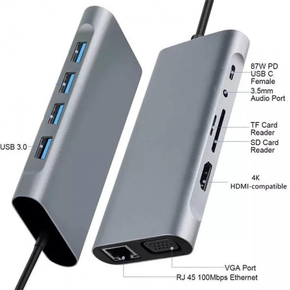 PrimeX PX-U525 11 in 1 Macbook, Ultrabook Type C Docking, Type C to 4K30Hz Gri Metal PD Charge, HDMI, VGA, Audio SD/TF Card, USB3.0, RJ45 Type C Adaptör - 5