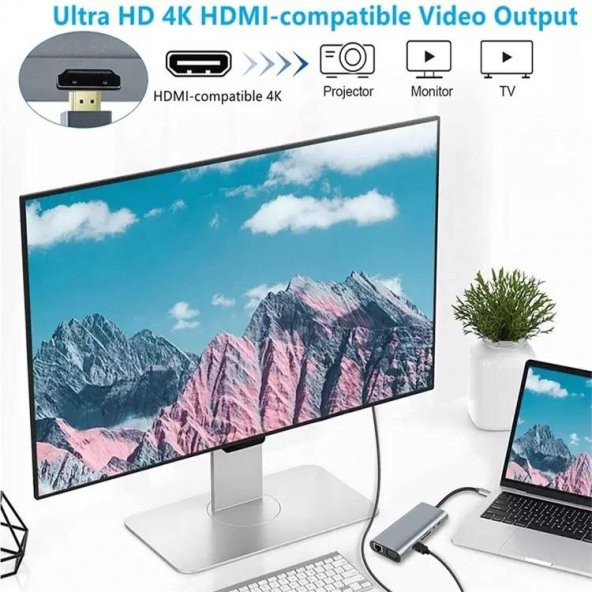 PrimeX PX-U525 11 in 1 Macbook, Ultrabook Type C Docking, Type C to 4K30Hz Gri Metal PD Charge, HDMI, VGA, Audio SD/TF Card, USB3.0, RJ45 Type C Adaptör - 6