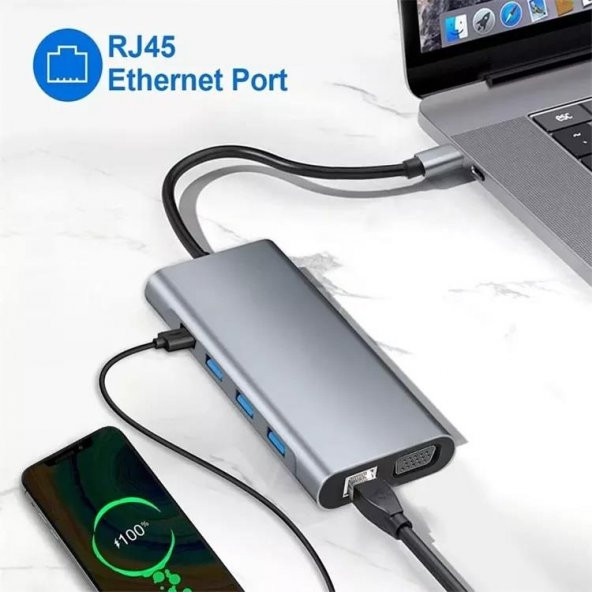 PrimeX PX-U525 11 in 1 Macbook, Ultrabook Type C Docking, Type C to 4K30Hz Gri Metal PD Charge, HDMI, VGA, Audio SD/TF Card, USB3.0, RJ45 Type C Adaptör - 8
