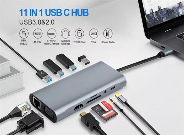 PrimeX PX-U525 11 in 1 Macbook, Ultrabook Type C Docking, Type C to 4K30Hz Gri Metal PD Charge, HDMI, VGA, Audio SD/TF Card, USB3.0, RJ45 Type C Adaptör - 9