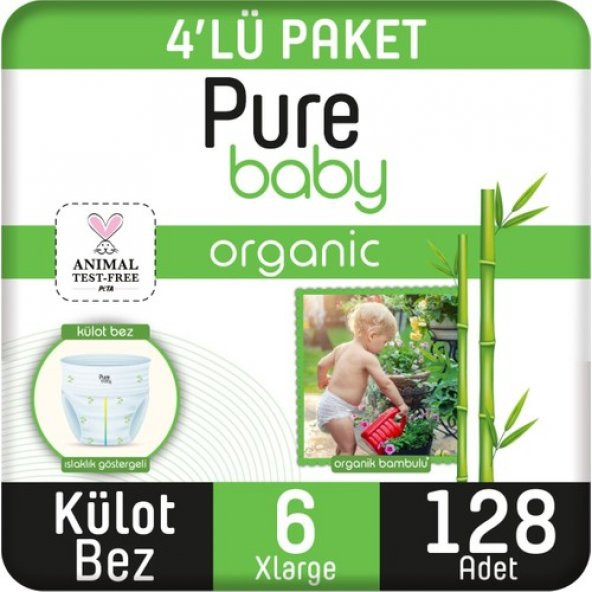 Pure Baby Organik Bambu Özlü Külot Bez 4lü Paket 6 Numara Xlarge 128 Adet