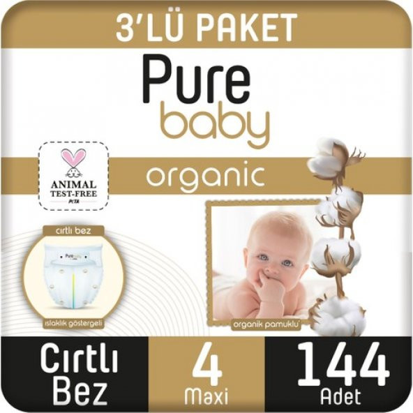 Pure Baby Organik Pamuklu Cırtlı Bez 3lü Paket 4 Numara Maxi 144 Adet