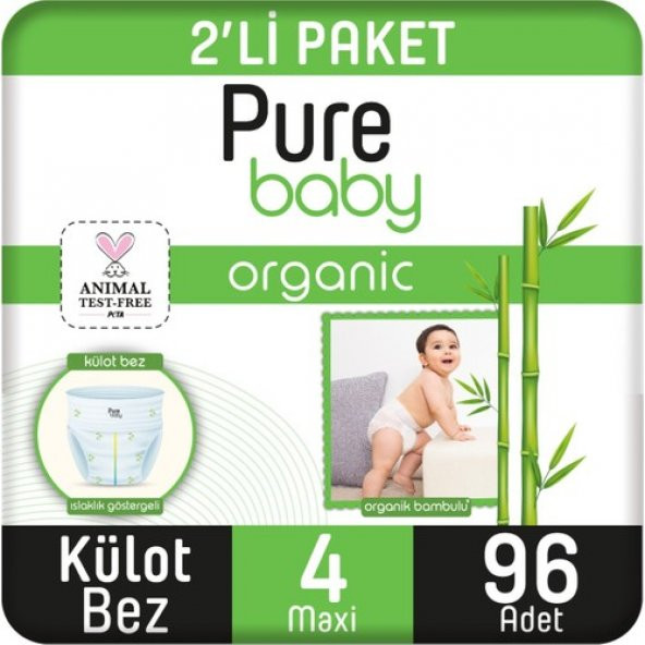 Pure Baby Organik Bambu Özlü Külot Bez 2li Paket 4 Numara Maxi 96 Adet