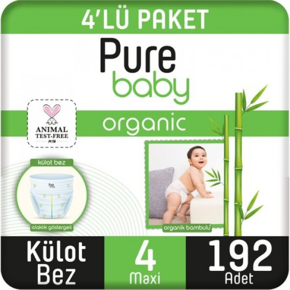 Pure Baby Organik Bambu Özlü Külot Bez 4lü Paket 4 Numara Maxi 192 Adet