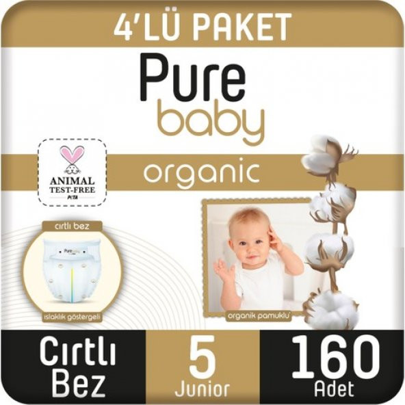 Pure Baby Organik Pamuklu Cırtlı Bez 4lü Paket 5 Numara Junior 160 Adet