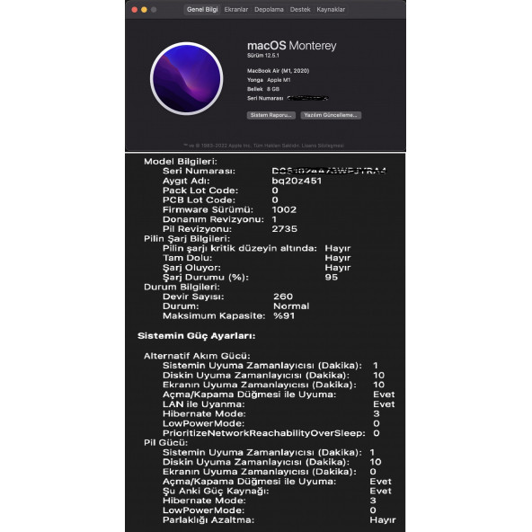 Apple MacBook Air İKİNCİ EL GARANTİLİ M1 Çip 8GB 256GB SSD macOS 13" QHD Uzay Grisi MGN63TU/A - 10