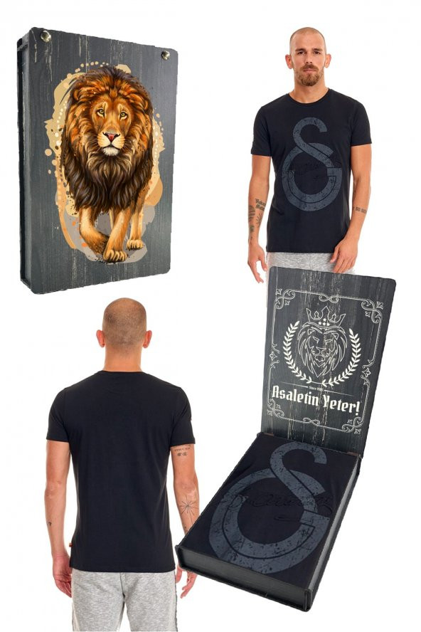 Galatasaray Orijinal Ata İmza T-Shirt Siyah Özel Tasarım Aslan Baskılı Ahşap Kutulu