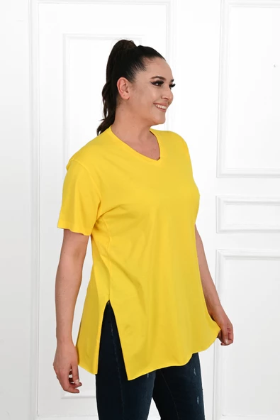Kadın V Yaka Yırtmaçlı Büyük Beden T-shirt 1199-22 - 12