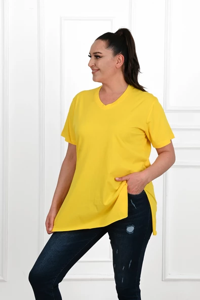 Kadın V Yaka Yırtmaçlı Büyük Beden T-shirt 1199-22 - 11