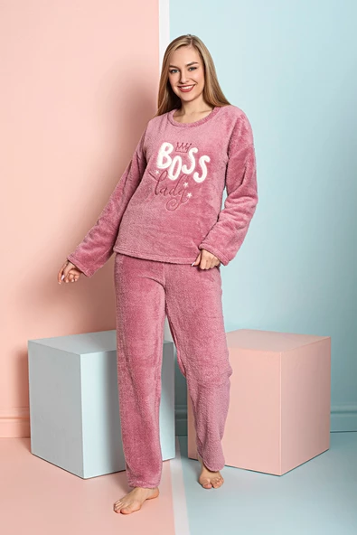 Nisanca Tam Peluş Kışlık Kadın Pijama Takımı- Polar Yılbaşı Pijaması - 11